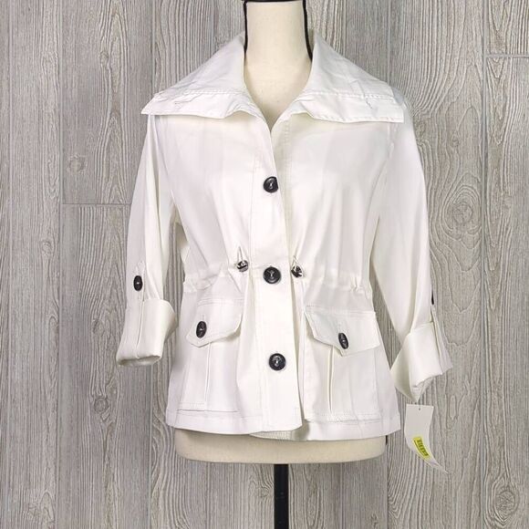 Brand New Ruby Road Women’s Size 8 Cream Peacoat Jacket Stretch Black Buttons - Picture 1 of 7